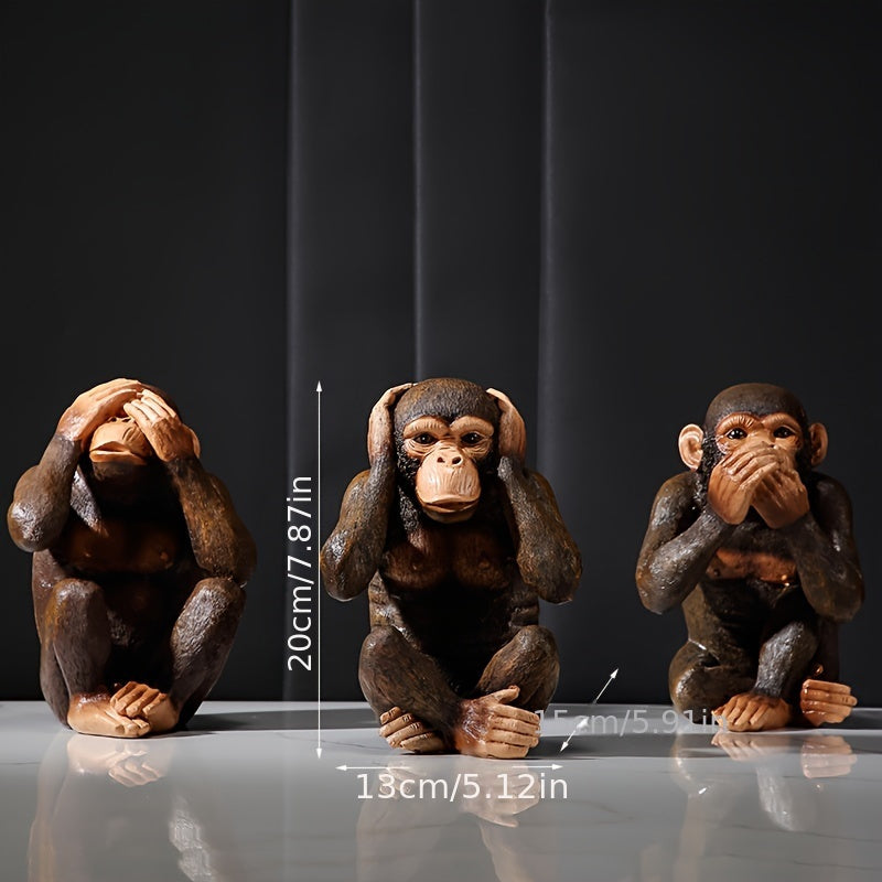 Set of Three Realistic Chimpanzee Figurines: Indoor/Outdoor Decorative Statues Made of Resin