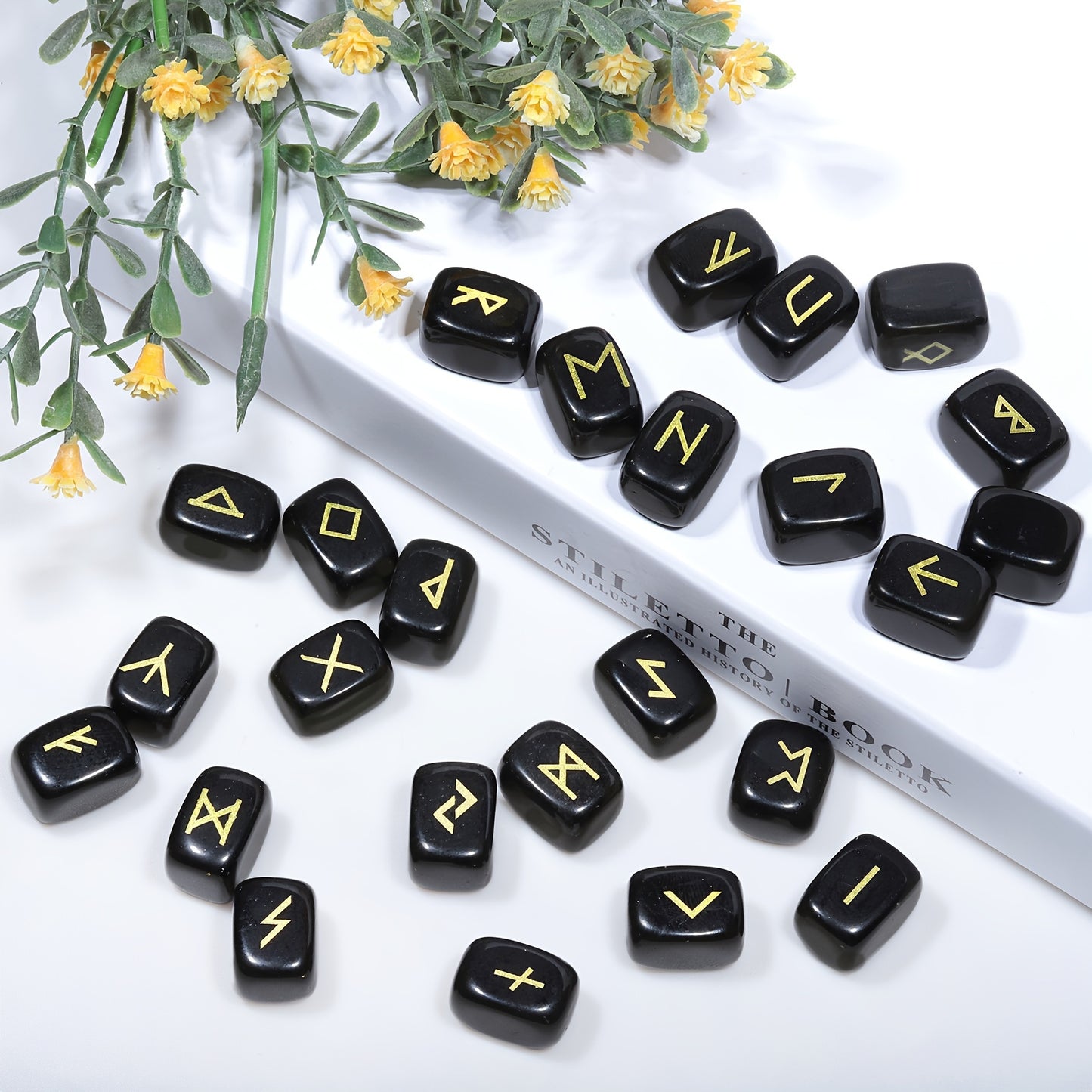 A Set of Natural Black Crystal Futhark Viking Rune Stones, Carved with Letters for Norwegian Witchcraft, Featuring Irregular Shapes, Totaling 25pcs.