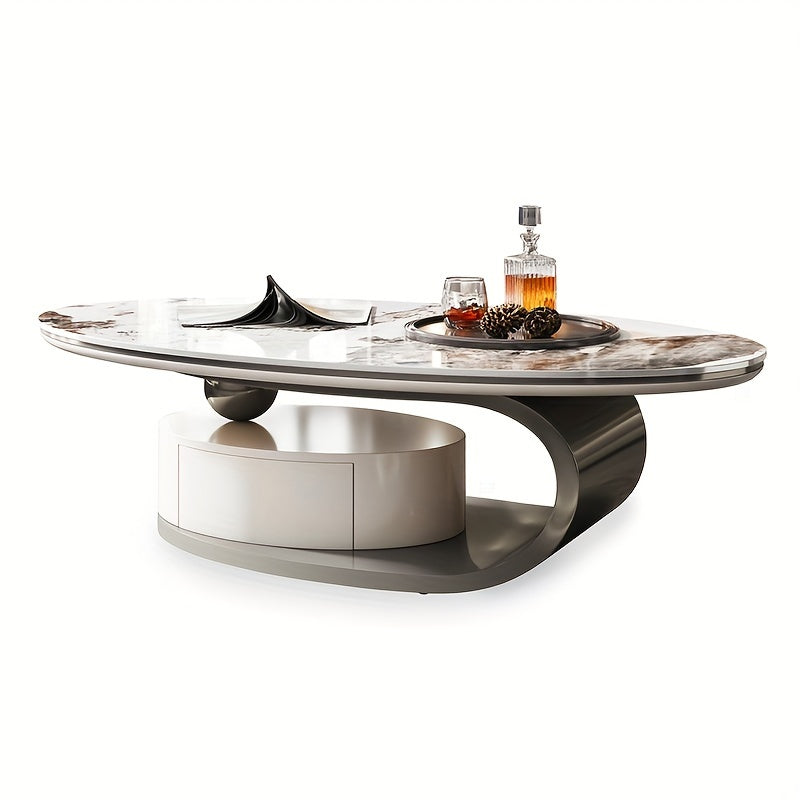 Luxury Modern Oval Coffee Table, High And Low Design, Metal And Faux Marble With Drawer