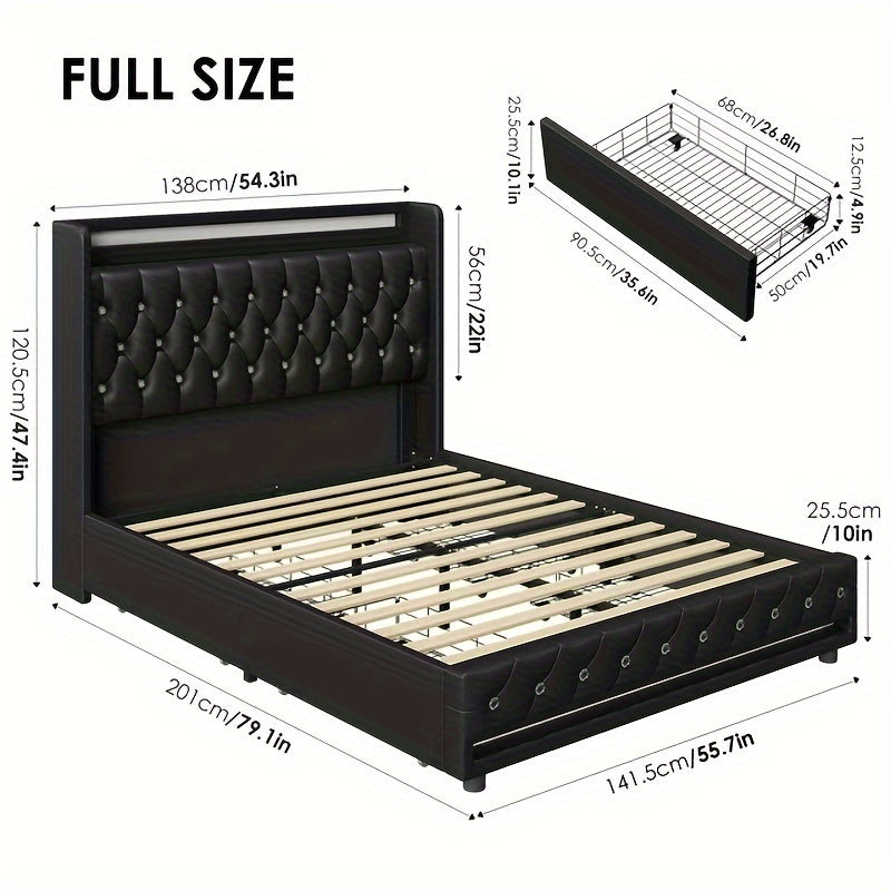 FULTRU Bed Frame with Outlets and USB Ports, Headboard & Footboard with LED, 4 Storage Drawers Modern Wingback Crystal Button Tufted Velvet Upholstered Platform Bed Frame