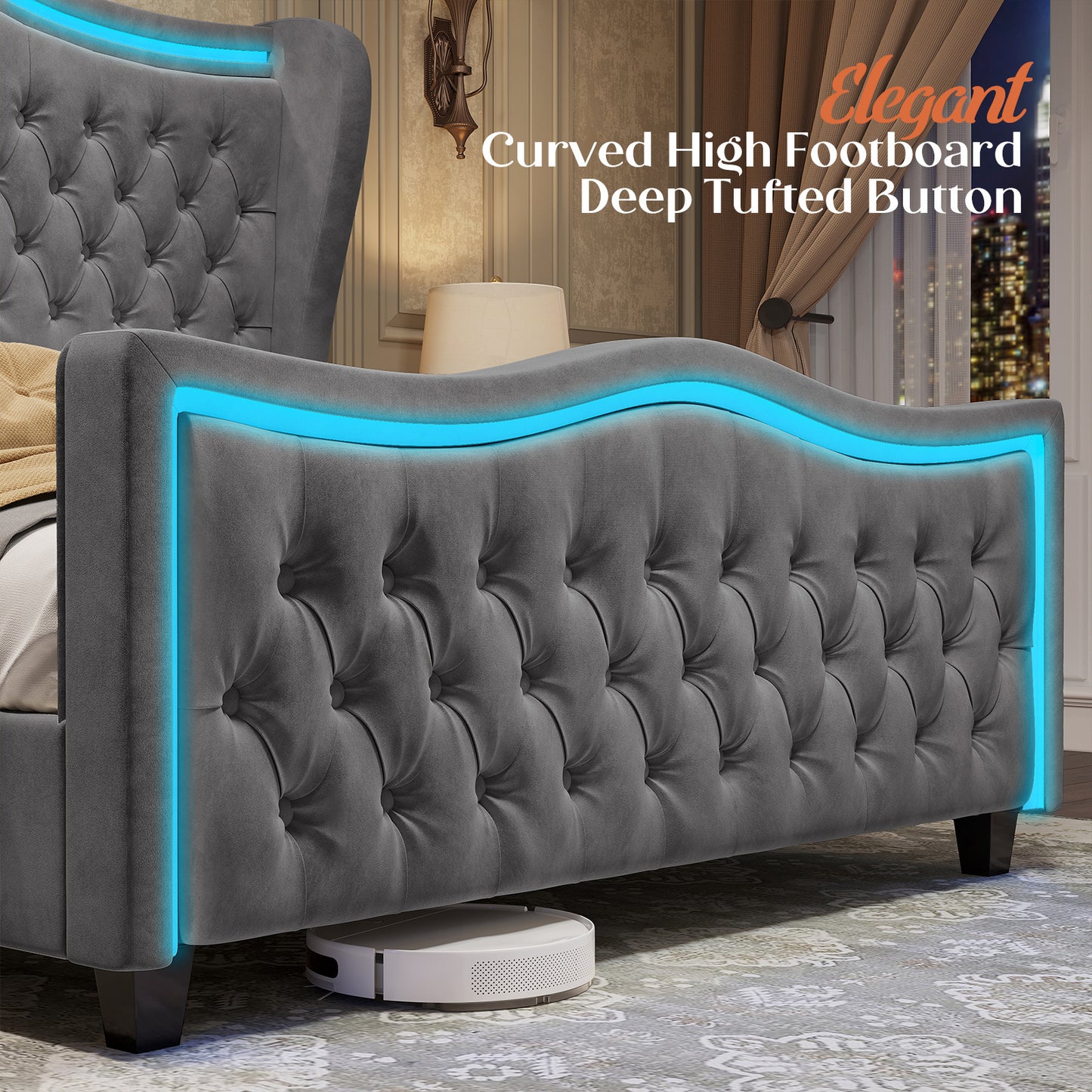 Exquisite Albott Platform Bed Frame with Integrated LED Lighting, 53-Inch Upholstered Wingback Design Accentuated by a Finely Crafted Deep Button-Tufted Headboard and Footboard - Comparable to Amazon's Finest