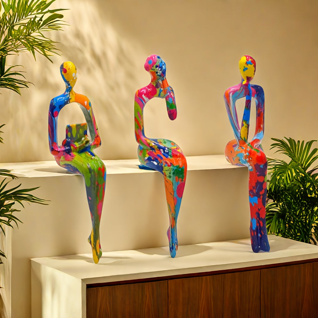 3pcs Modern Resin Abstract Figures Set, Multi-Pose Sitting Design, Living Room Decor, No Electricity Needed, Ideal for Halloween, Easter, Thanksgiving Decorations