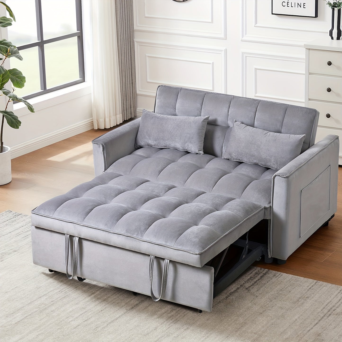 Velvet Modern Double Sofa Bed, 3 In 1 Convertible Sofa Bed With Adjustable Backrest, Side Storage Pockets And Living Room Pillows, Gray, Black, Blue