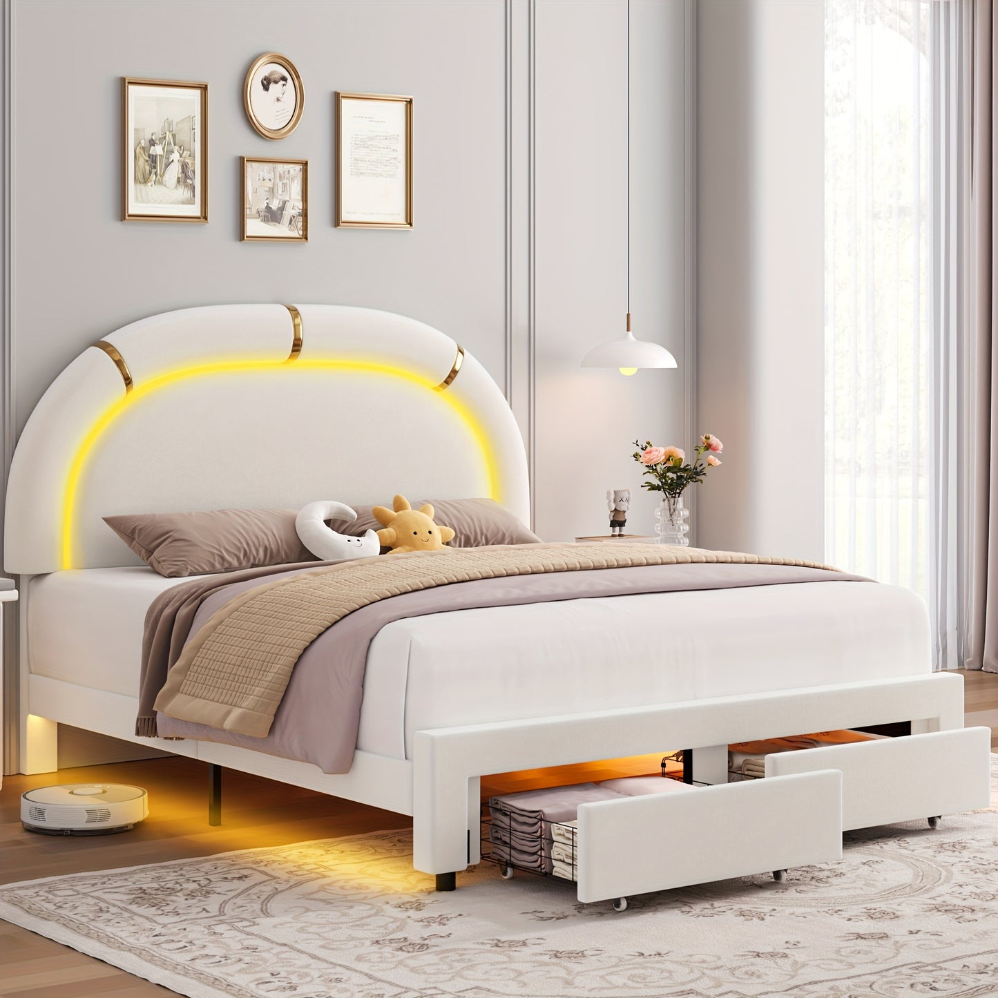 FULTRU LED Bed Frame with 2 Storage Drawers, Modern Smart Faux Leather Upholstered Platform Bed Frame with Adjustable Semicircle Headboard