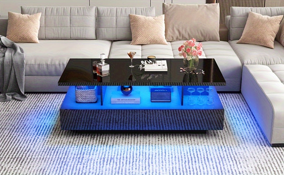 LED Coffee Table w/ 2 Storage Drawers, App Control, High Glossy Modern Black Coffee Table w/60, 000-Color Lights, Rectangle 2-Tier Center Table w/Display Shelf for Living Room