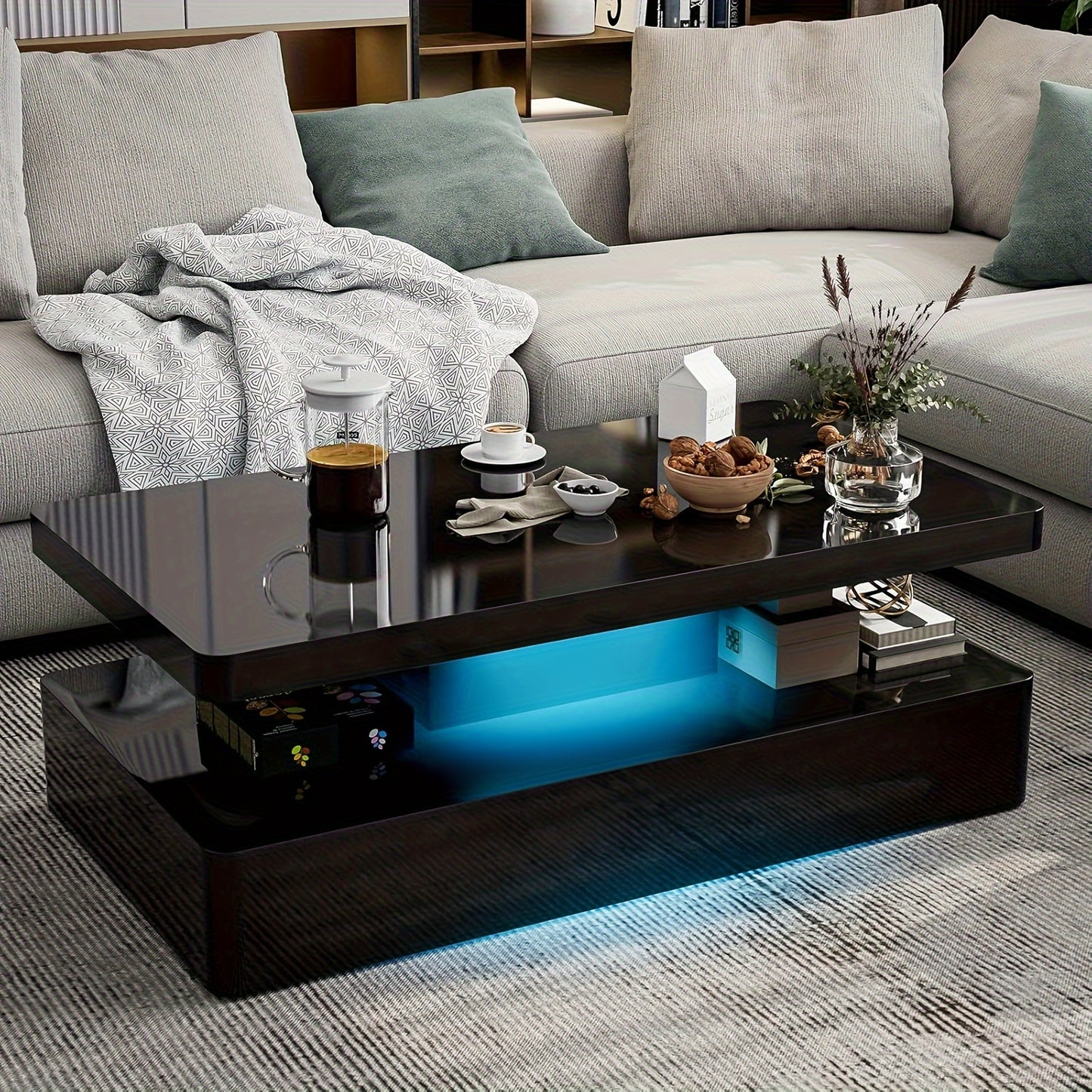 Elegant Modern LED Coffee Table for Living Room - 2-Tier Black & White Design with 16-Color LED Lights, Spacious Storage, Easy Assembly - Hardwood Material, High Gloss, Rectangular Design, Coffee Table, Living Room, 16-color