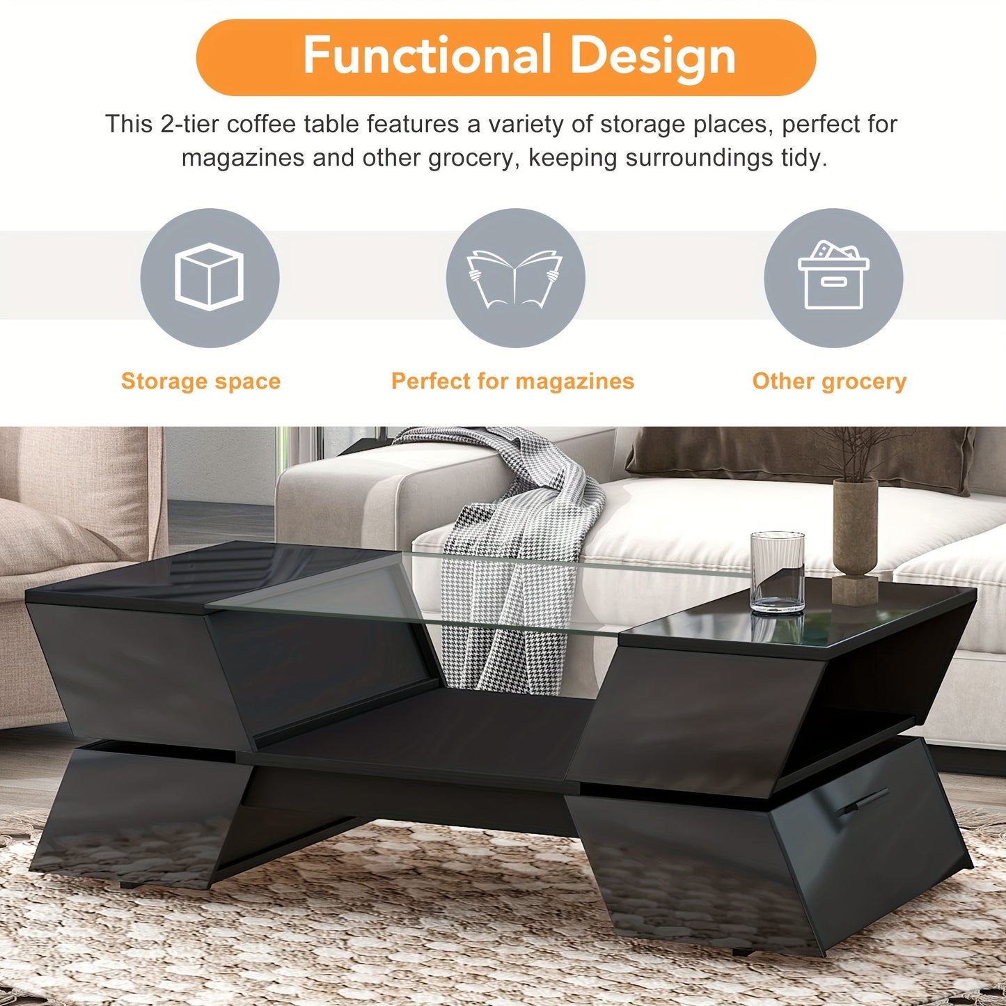 1pc Glass-Top Coffee Table, With Open Shelves And Cabinets, Geometric Style Cocktail Table With Great Storage Capacity, Modernist 2-Tier Center Table For Living Room