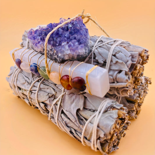 [Magic Crystal] California White Sage With 7 Chakra Crystal Gypsum Stick And Amethyst Cluster Block - Authentic Natural Crystal - Sage, Fresh Scent, Scented, Perfumed - Portable Gift For Tarot & Yoga - Holiday, Christmas, Hal