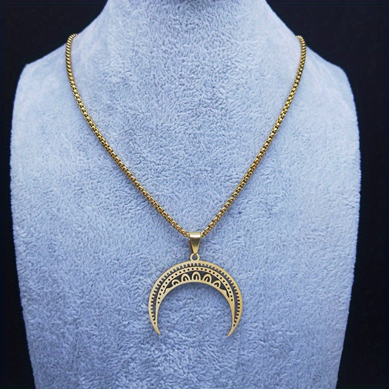 Elegant Golden-Toned Stainless Steel Crescent Moon Pendant Necklace with Intricate Patterns - Gothic/Vintage Style, Perfect for Casual Attire