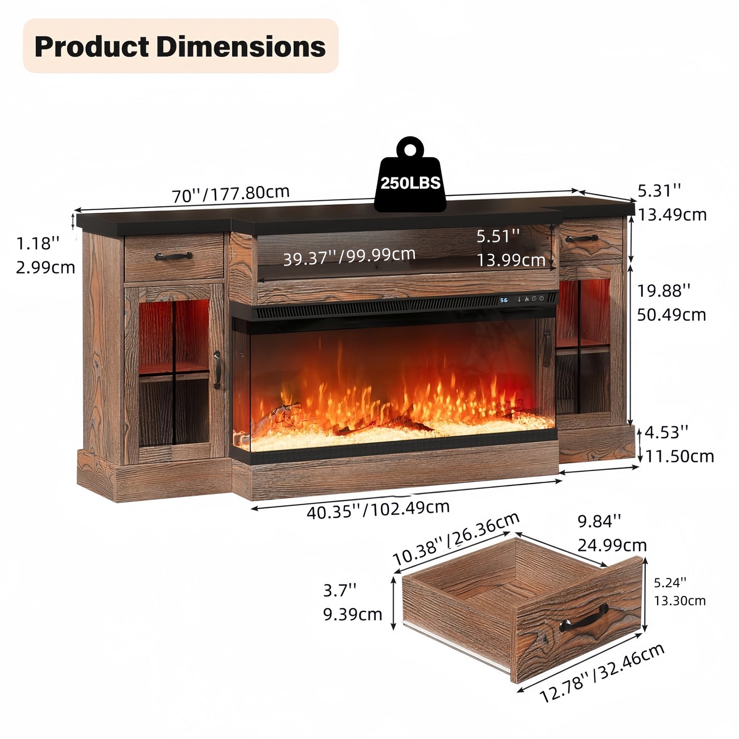 Fireplace TV Stand With 40" Electric Fireplace For 80" TV, 70" Fireplace Entertainment Center With Adjustable Storage Cabinets, 2 Drawers, LED Lights, TV Consoles For Living Room, White Brown Gray Rustic Oak