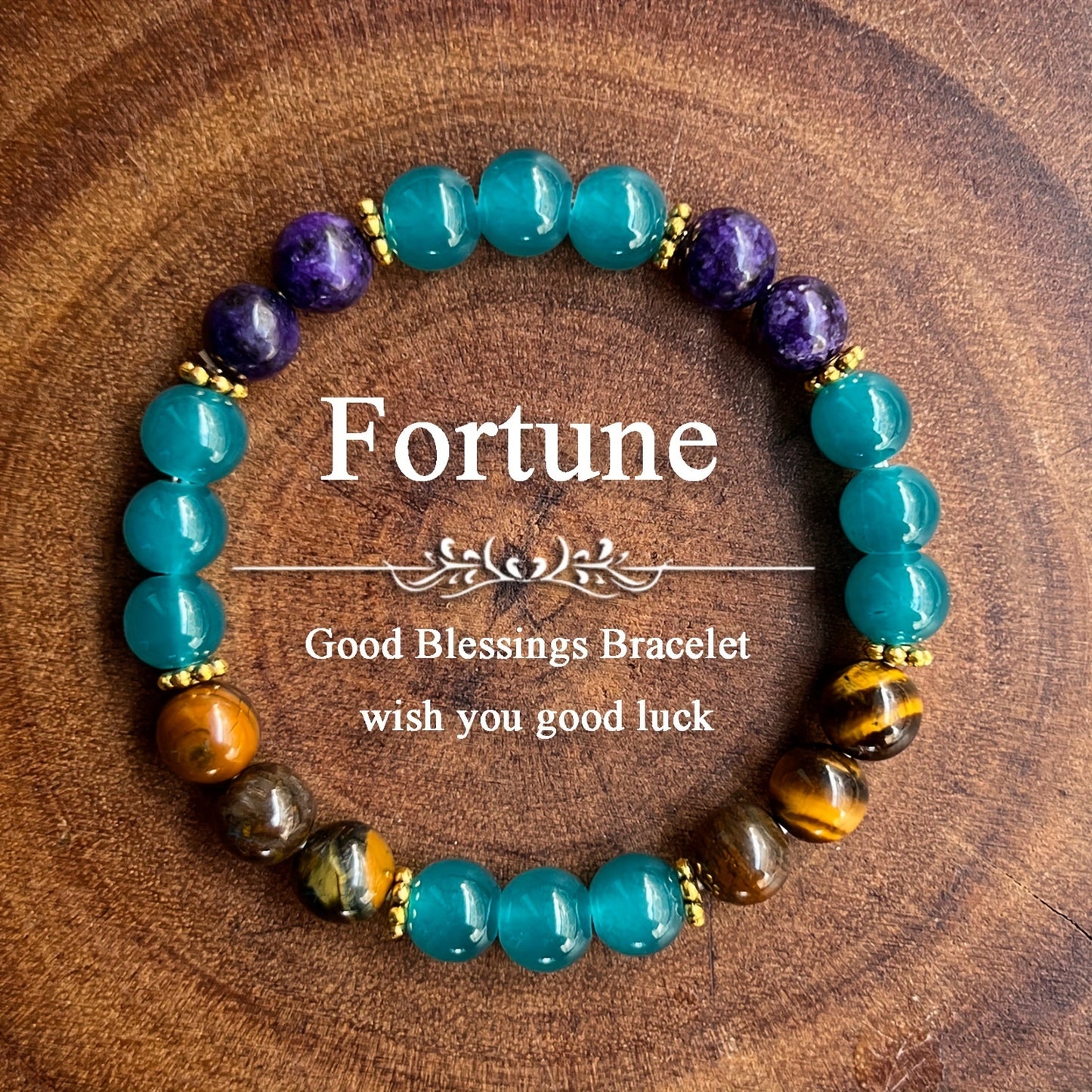 1pc Good Luck Gemstone Bracelet - Fortune Blessings Elastic Beaded Bracelet with Tiger'S Eye, Amethyst, and Turquoise Stones for Women