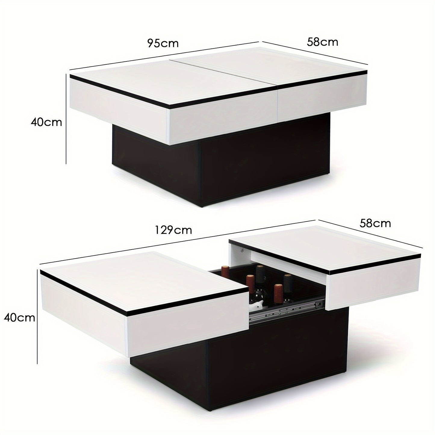 Extendable Coffee Table With 2 Storage Spaces, High Gloss Finish Table Top