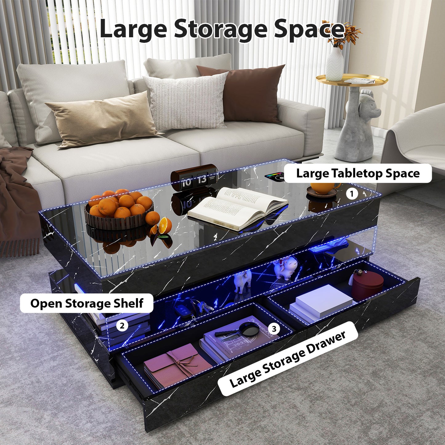 LED Coffee Table with Storage, High Gloss Coffee Table with Wireless Charging and Speaker, High Glossy Modern Center Table with 24 Color LED Lights for Living Room Bedroom