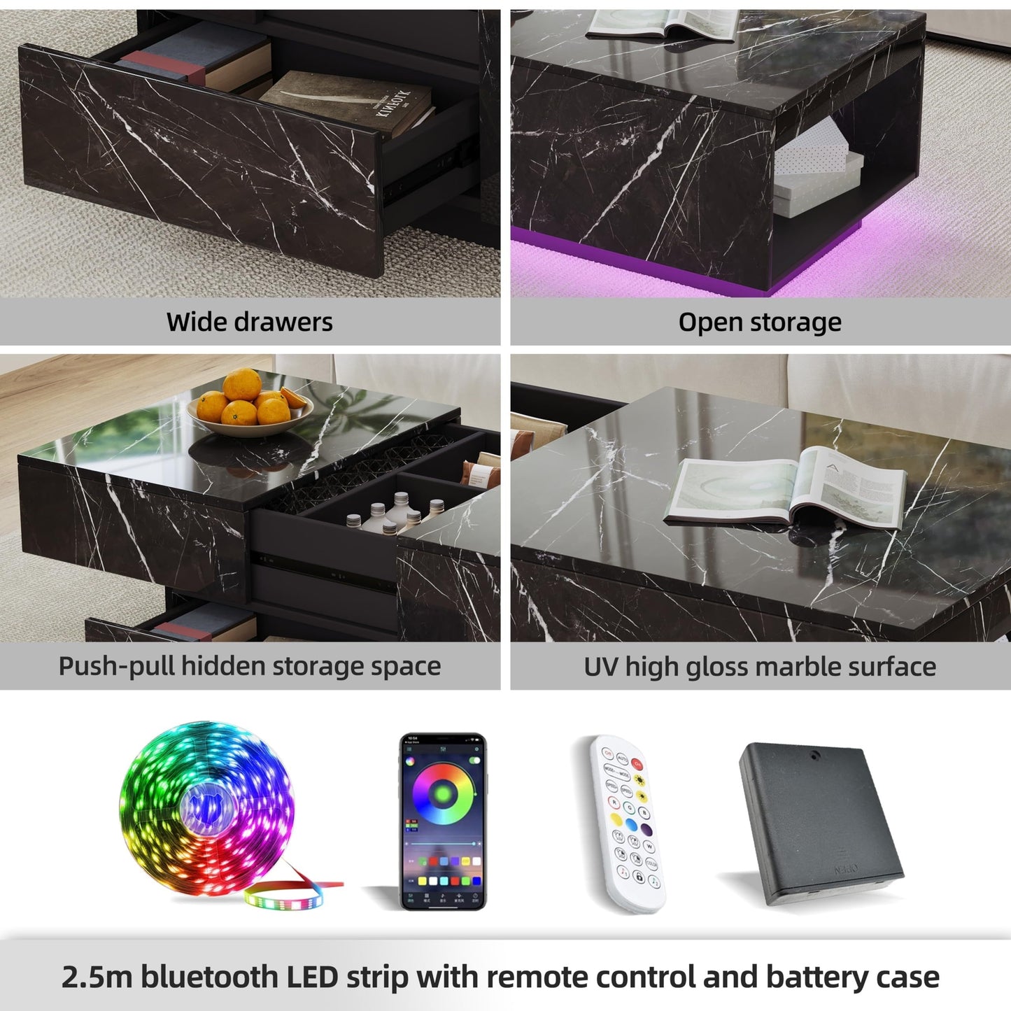 LED Coffee Table, 43" UV High Gloss Modern Center Table With 2 Drawers & Hidden Storage Compartment & Open Compartments, Modern Extendable Cocktail Table (Marble Black Or White)