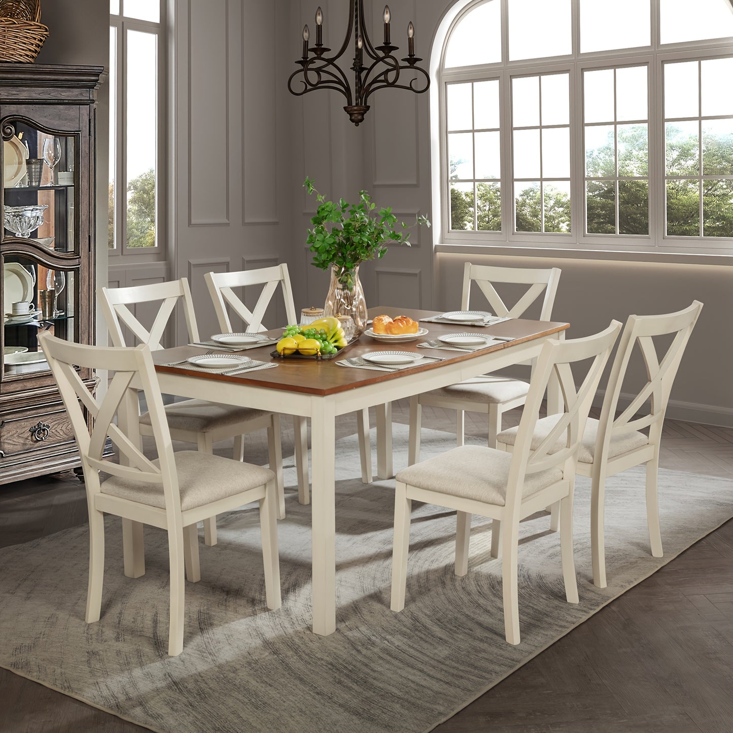 PAPAJET 7pcs Farmhouse Dining Set - 60" Solid Wood Table with 6 Upholstered Chairs, Hardwood Construction, MDF, White Finish, Ideal for Kitchen or Restaurant