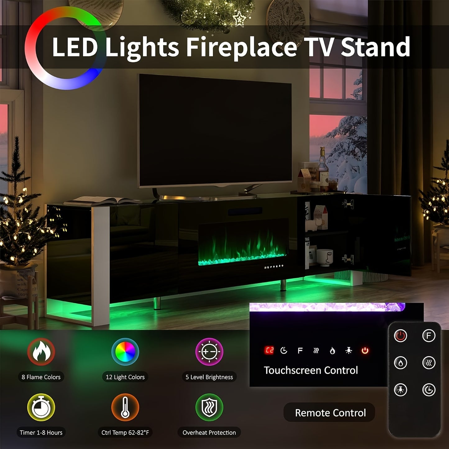 Modern 80" Black TV Stand with Built-In Electric Fireplace - High Gloss Finish, LED Lights, Durable Wood Construction