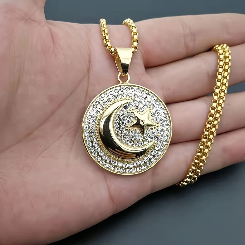 1pc Muslim Crescent Moon And Star Islam Necklace - Unisex Amulet, Islamic Jewelry - Stainless Steel - For Men & Women - Perfect Gift for Muslim Friends & Family