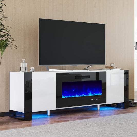 70" White Modern Fireplace TV Stand - Sleek Entertainment Center with Built-in Electric Fireplace, LED Lights, and Space for Modern TVs