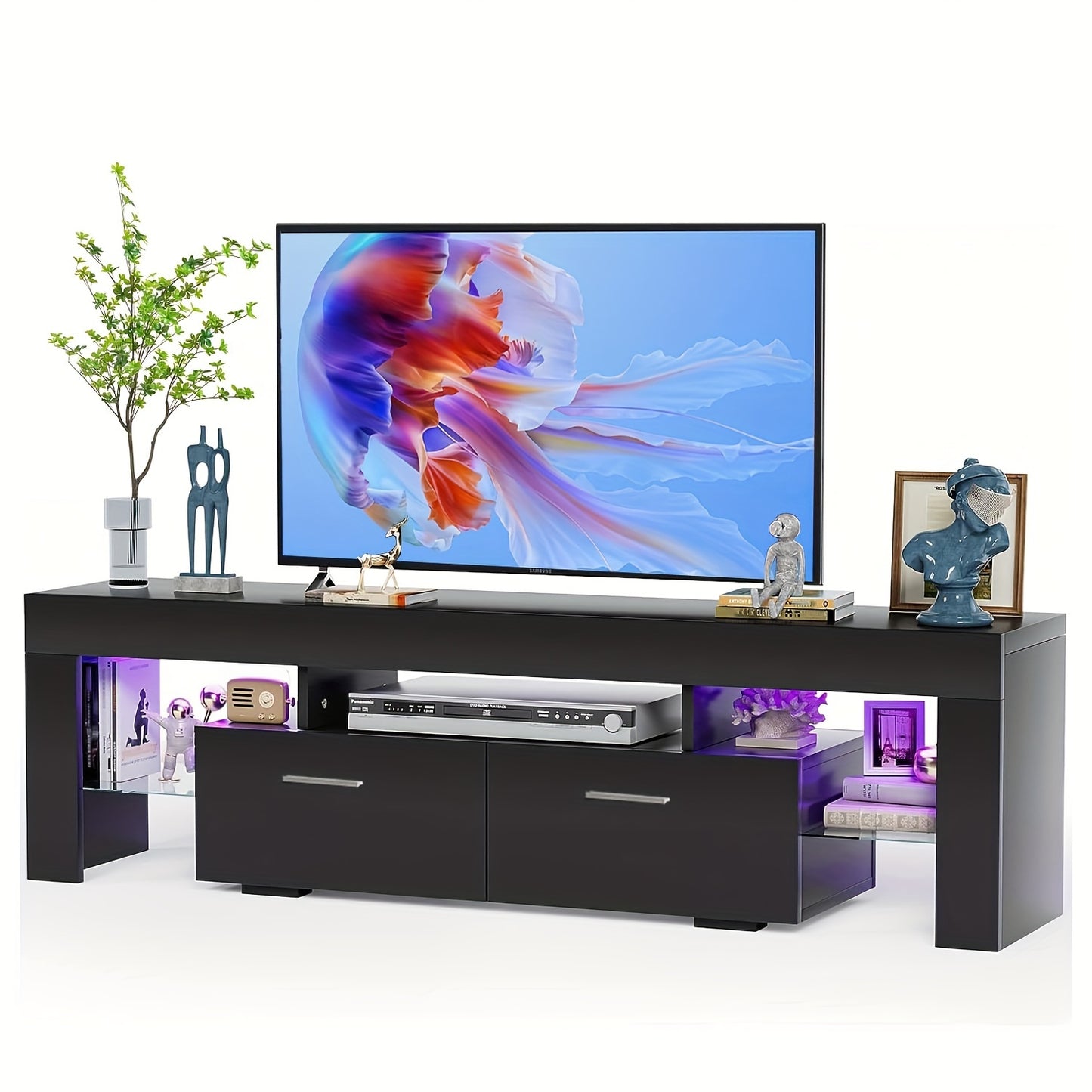 Modern 63''/71'' LED TV Stand For 55/65/75/80 Inch TV, High Gloss Media Center Television Console Table, Entertainment Center With Storage Drawers For Living Room, Game Room, Or Bedroom, White Or Black