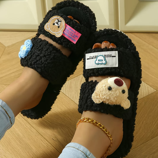 New Autumn And Winter Women'S Fluffy Slippers Designed in Dopamine Colors with Cartoon Bear Patches And Flat Non-Slip Soles.