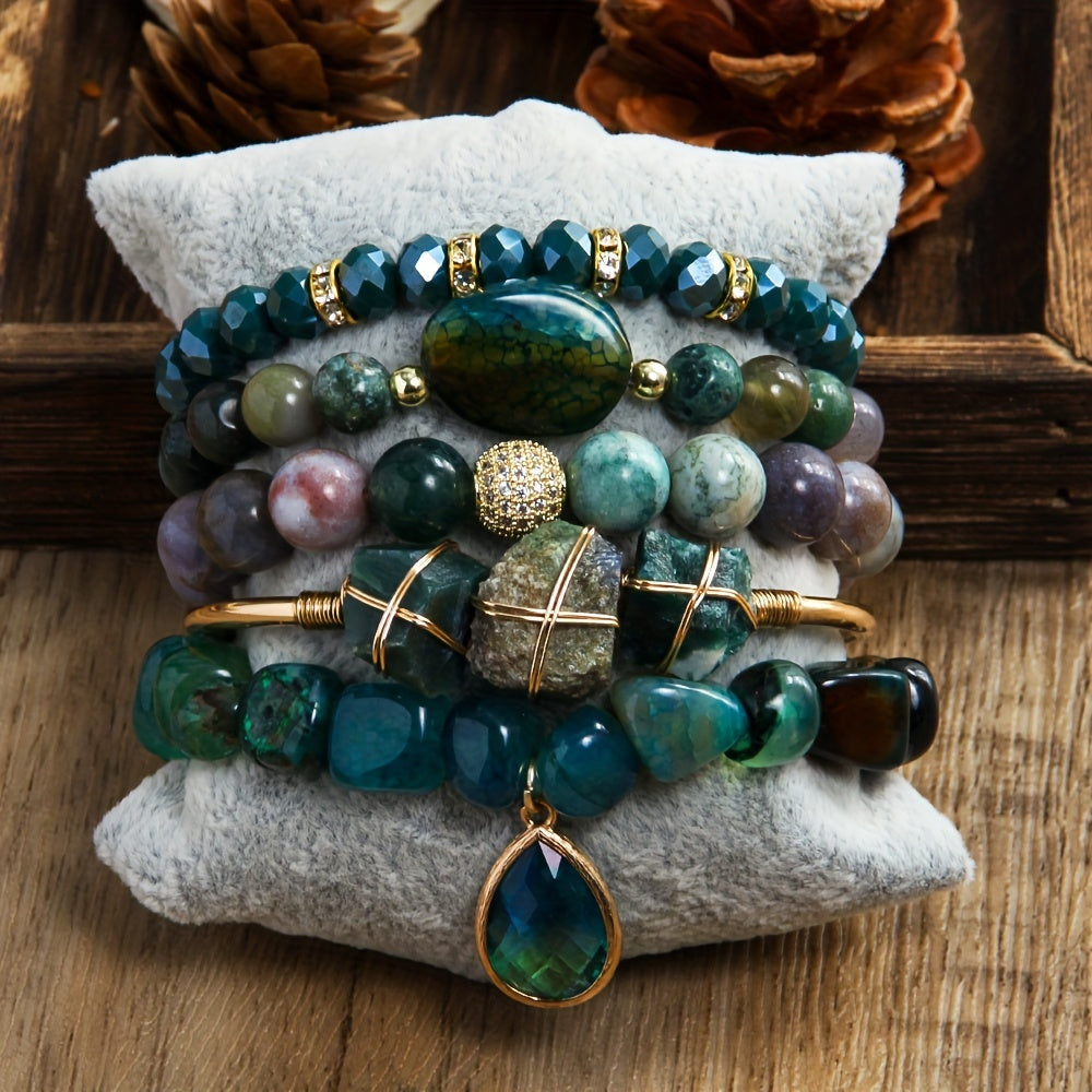 [Popular Choice] Bohemian Layered Women's Jewelry Set - 5pcs Natural Stone and Glass Beaded Elastic Bracelets with Irregular Tiger Eye and December Birthstone, Perfect for Daily Wear or Gifting, Perfect for Thanksgiving