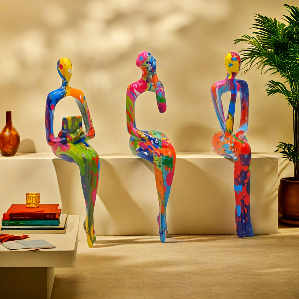 3pcs Modern Resin Abstract Figures Set, Multi-Pose Sitting Design, Living Room Decor, No Electricity Needed, Ideal for Halloween, Easter, Thanksgiving Decorations