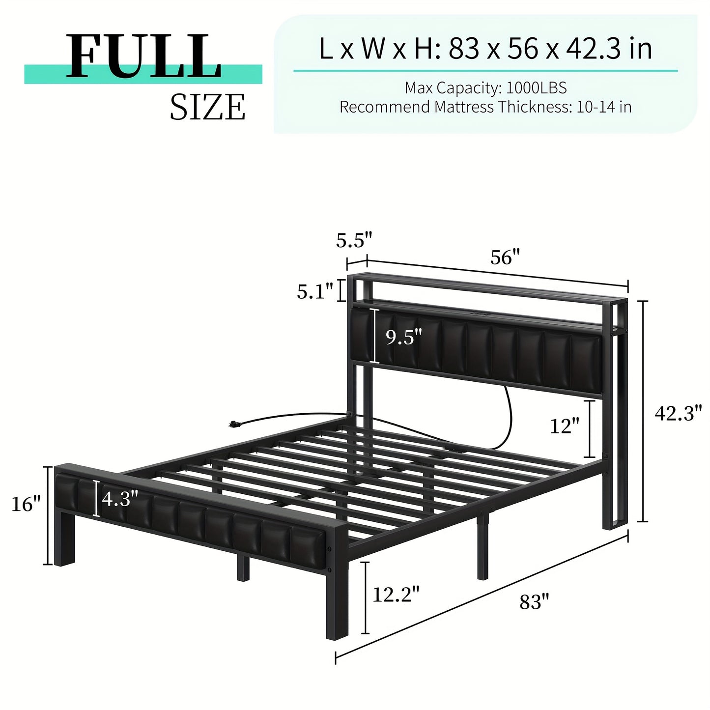 Bed Frame, LED Platform Bed with Faux Leather Headboard, Charging Station, 2-Tier Storage Space/No Box Spring Needed/Noise-Free