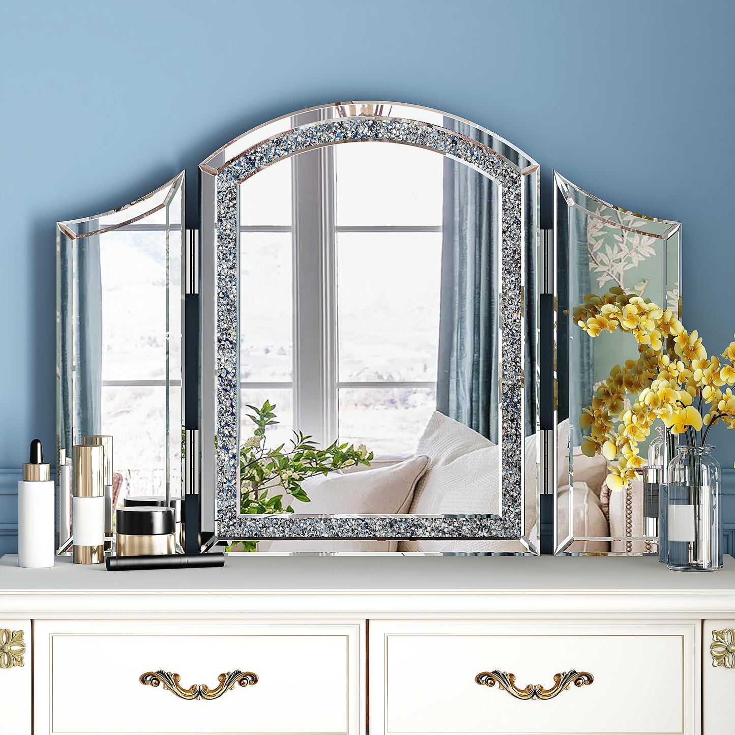 Trifold Mirror Vanity-Crushed Diamond 3 Way Mirror Bedrooms, Bathroom, Table Top Mirror, 360 Makeup Mirror, Decorative, 32 Inch X 24 Inch