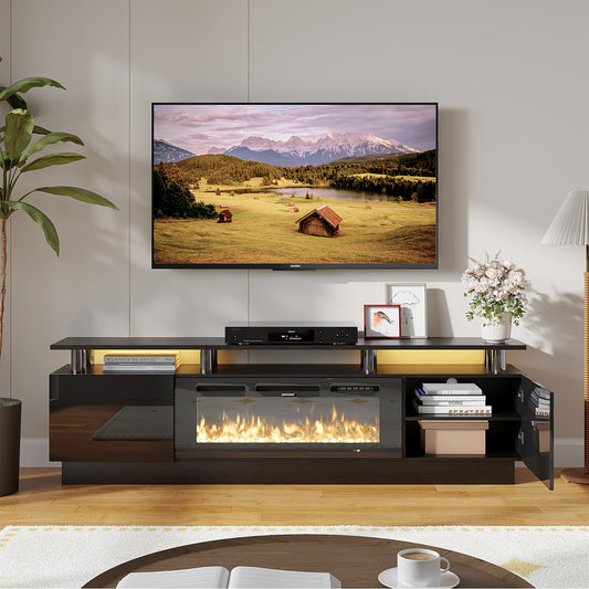 Fireplace TV Stand With 36" Fireplace, Modern High Gloss Fireplace Entertainment Center LED Lights, TV Console Cabinet For TVs Up To 80"