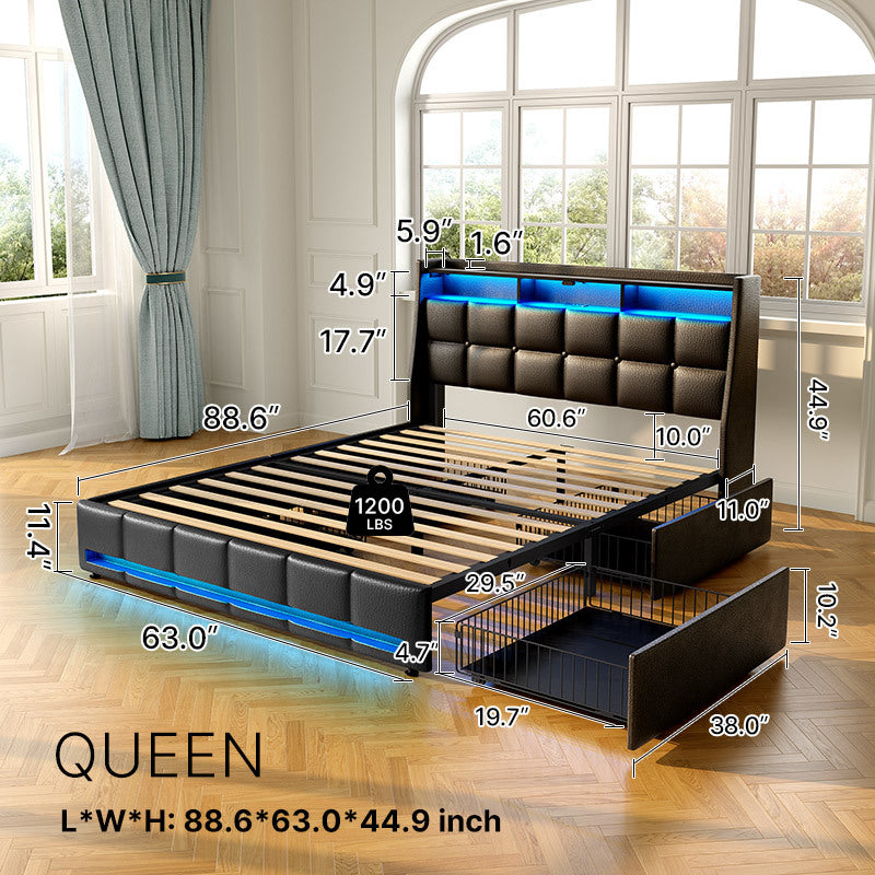 Bed Frame, Storage Headboard with Charging Station & LED Lights Bed Storage Headboard & Drawers, Heavy Duty Wood Slats, Easy Assembly