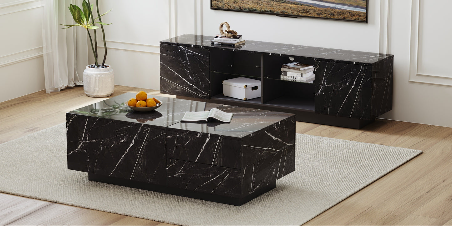 LED Coffee Table, 43" UV High Gloss Modern Center Table With 2 Drawers & Hidden Storage Compartment & Open Compartments, Modern Extendable Cocktail Table (Marble Black Or White)