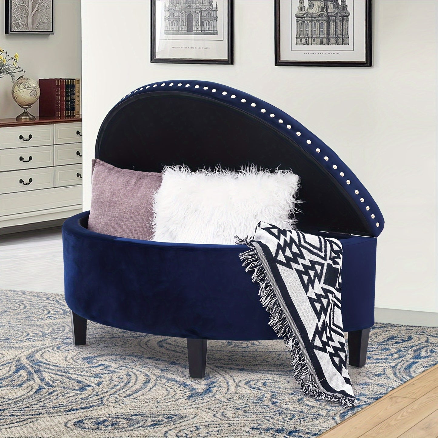 43.5" Storage Bench Velvet Button Tufted Half Moon Storage Ottoman With Rivet Storage Bench For Living Room Bedroom Entryway