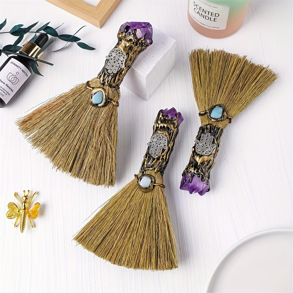 Bohemian Style Handcrafted Amethyst Crystal Mini Broom - Perfect for Halloween Decor, Witchy Home Accent & Reiki