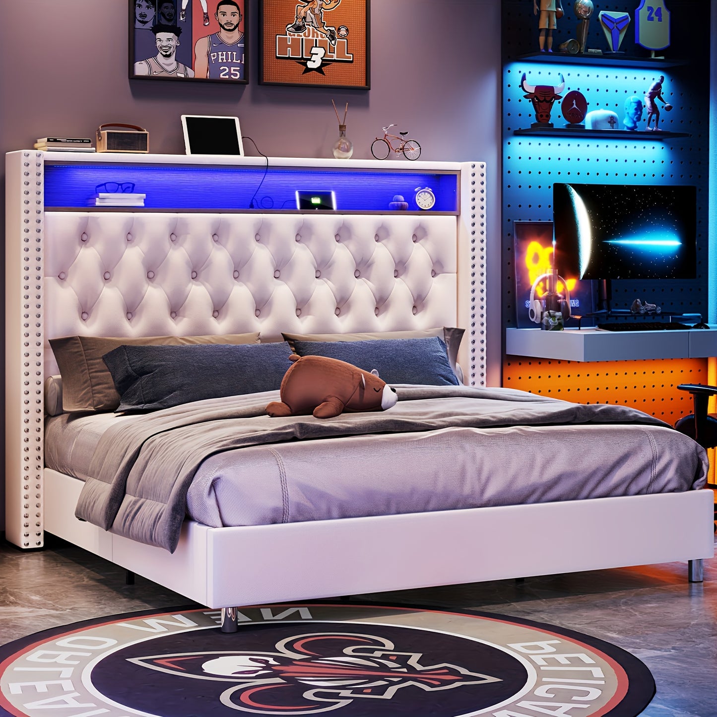 PaPaJet Velvet Upholstered Platform Bed Frame with LED Lights&Srorage Wingback Headboard