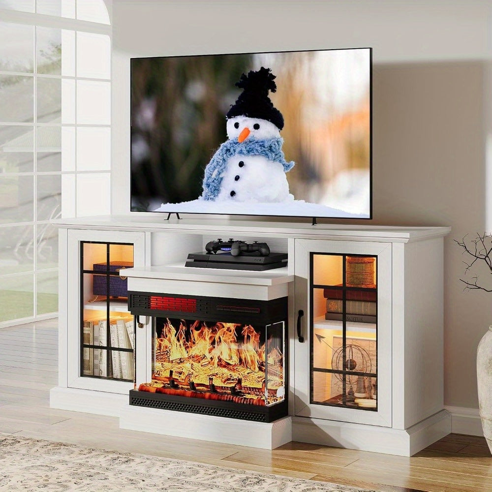 59'' Fireplace TV Stand, 3 Sided Glass Media Entertainment Center Console Table for TVs up to 65'' with Glass Door Adjustable Flame LED Color for Living Room, Set of TV Table, White