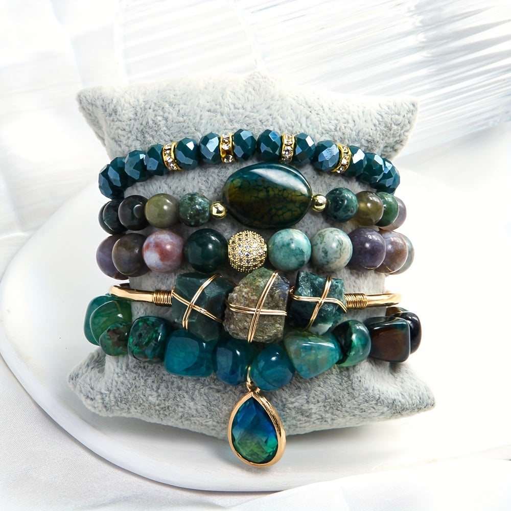 [Popular Choice] Bohemian Layered Women's Jewelry Set - 5pcs Natural Stone and Glass Beaded Elastic Bracelets with Irregular Tiger Eye and December Birthstone, Perfect for Daily Wear or Gifting, Perfect for Thanksgiving