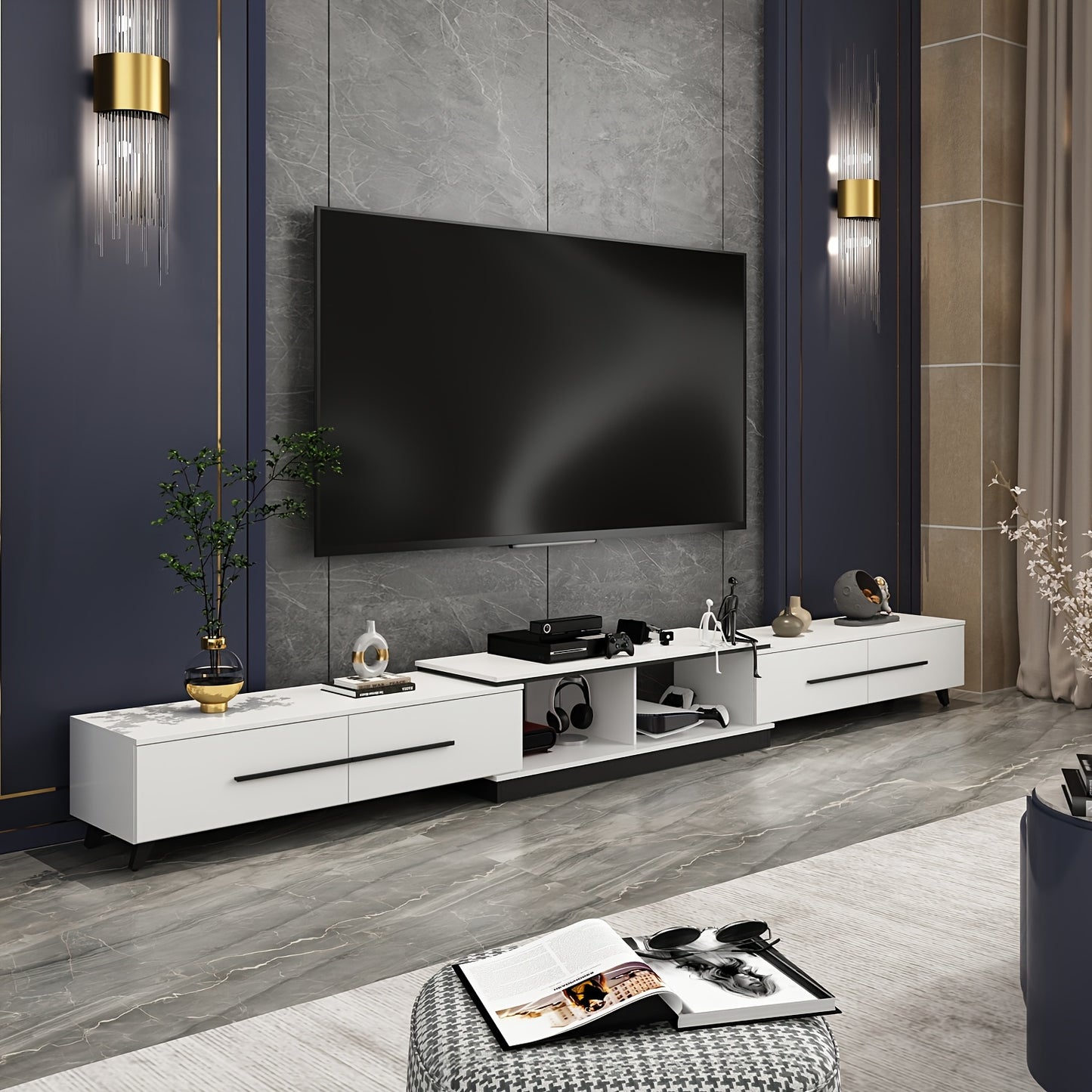 [Adjustable Design, Veneer Finish] Modern Adjustable TV Console & Media Cabinet - Spacious Storage with Drawers, Tripods, and Veneer Finish - Living Room Entertainment System