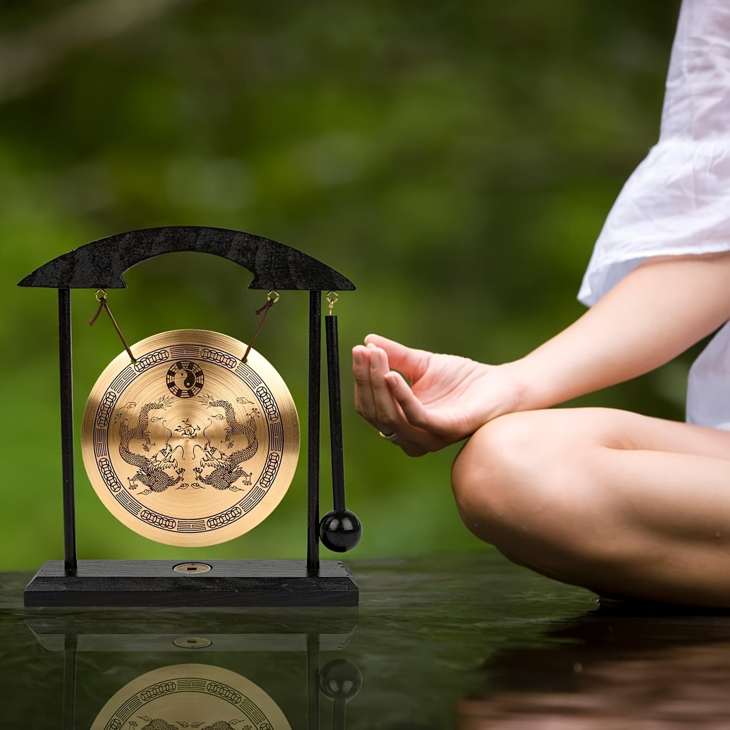 Zen Meditation Gong with Stand, Ringing Copper Alloy, Yellow - Ideal for Yoga, Sound Healing, and Home Office Decor