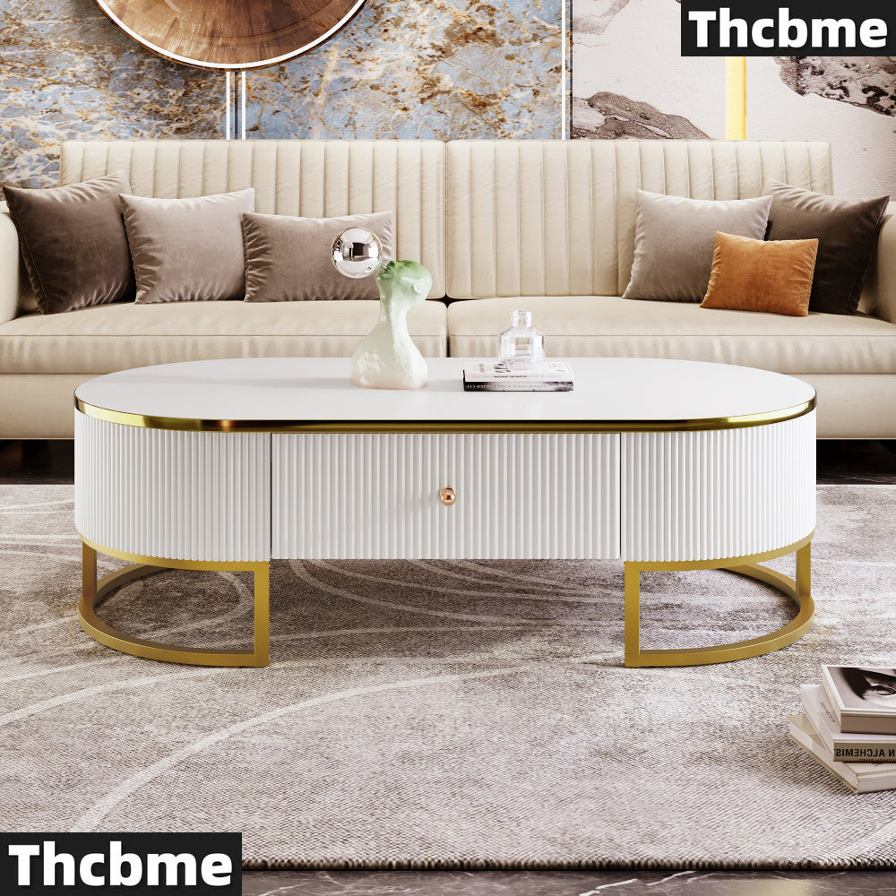 [1 Modern Oval Coffee Table] Thcbme Modern Oval Coffee Table, Wood Frame & Top, Space-Saving Curved Profile Design, with 2 Large Drawers, Golden Metal Accents, for Living Room, Office, Bedroom - White & Golden