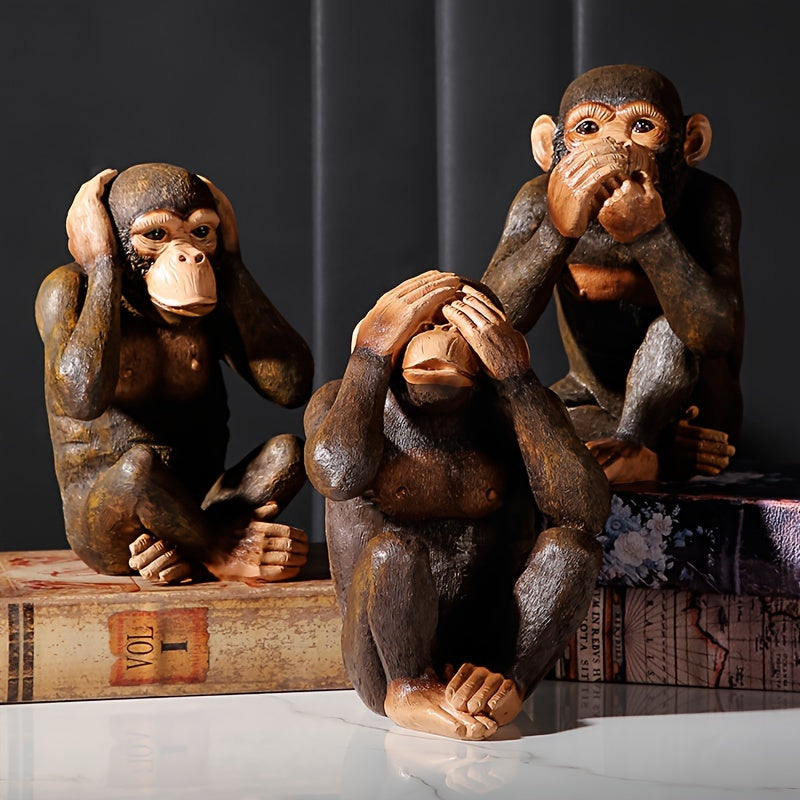 Set of Three Realistic Chimpanzee Figurines: Indoor/Outdoor Decorative Statues Made of Resin