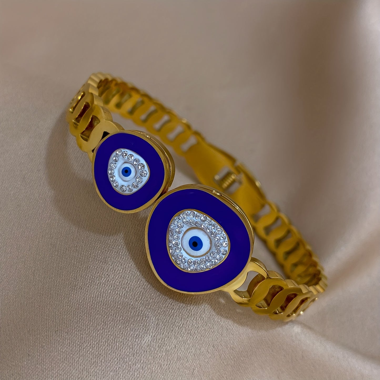 Stainless Steel Gold-Plated Evil Eye Cuff Bracelet - Punk Style Double Blue Eye Design - For Women - Perfect for Weddings, Anniversaries, Birthdays & More - Ideal Gift for Fashion Lovers