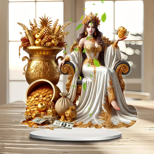 2D Flat, Elegant Wealth Goddess Acrylic Desktop Display - Regal Woman with Golden Crown and Treasures, Ideal for Home & Office Decor, Includes Stand