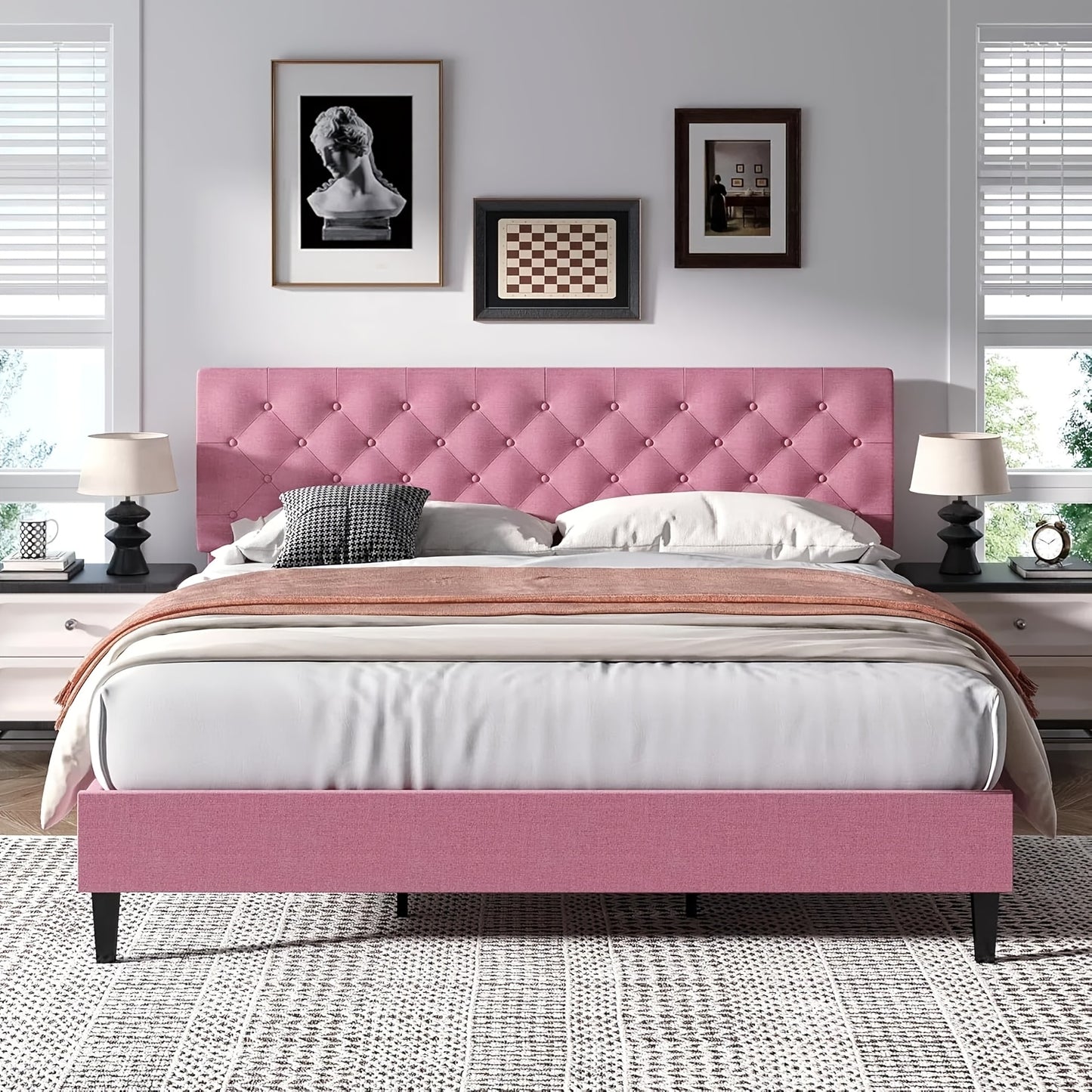 Elegant Grey Linen Upholstered Bed Frame with Tufted Headboard - Solid Wood Platform Bed with Sturdy Slats Support, Easy Assembly, No Box Spring Needed, Perfect for Modern Decor, Bed Accessories, HOMBCK