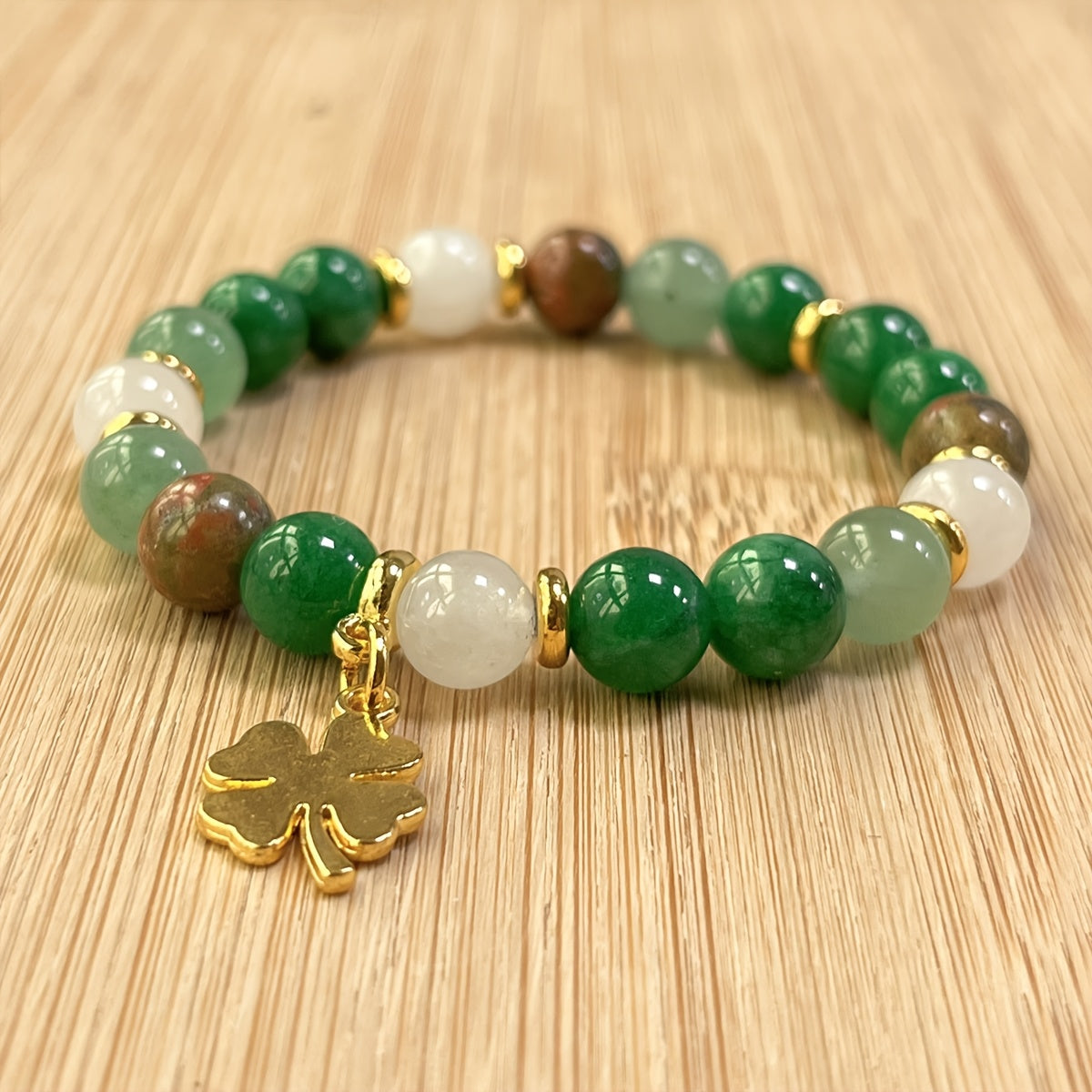 1pc Green Aventurine & Chrysocolla Beaded Bracelet with Four-Leaf Clover Charm, Natural Stone Prosperity Jewelry, Vintage Bohemian Style, St. Patrick'S Day & Thanksgiving Gift, Unisex Elegant Accessory