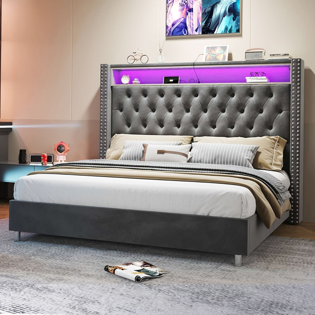 LUXOAK Bed with Integrated LED Lights & Charging Station, Velvet Upholstered Tall Platform Bed Frame with Elegant Wingback - No Box Spring Required