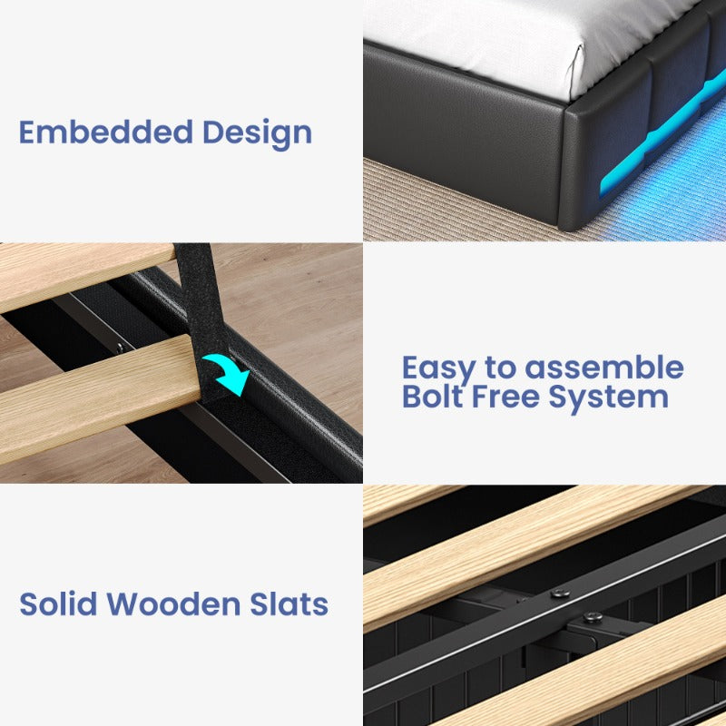 Bed Frame, Storage Headboard with Charging Station & LED Lights Bed Storage Headboard & Drawers, Heavy Duty Wood Slats, Easy Assembly