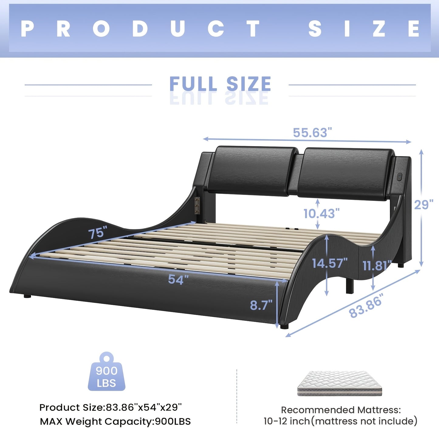 Modern Black Bed Frame with RGB LED Lights, USB & Type-C Ports - Easy Assembly, Faux Leather Wave Design Headboard