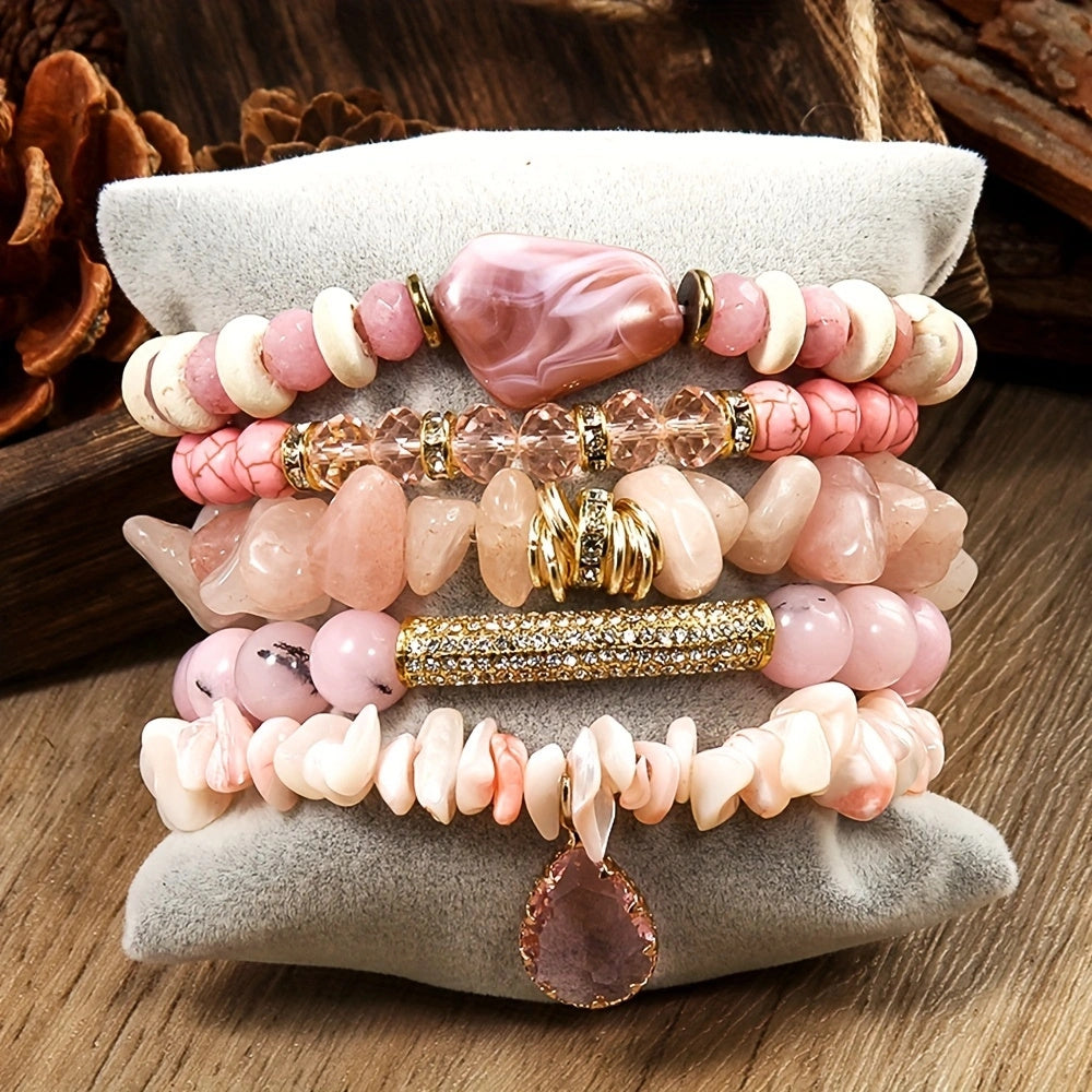 5pcs Boho Elegant Stackable Beaded Bracelet Set, Handmade Multi-Layer Synthetic Zirconia & Natural Stone, April Birthstone, Ideal for Daily Wear & Thanksgiving Gift