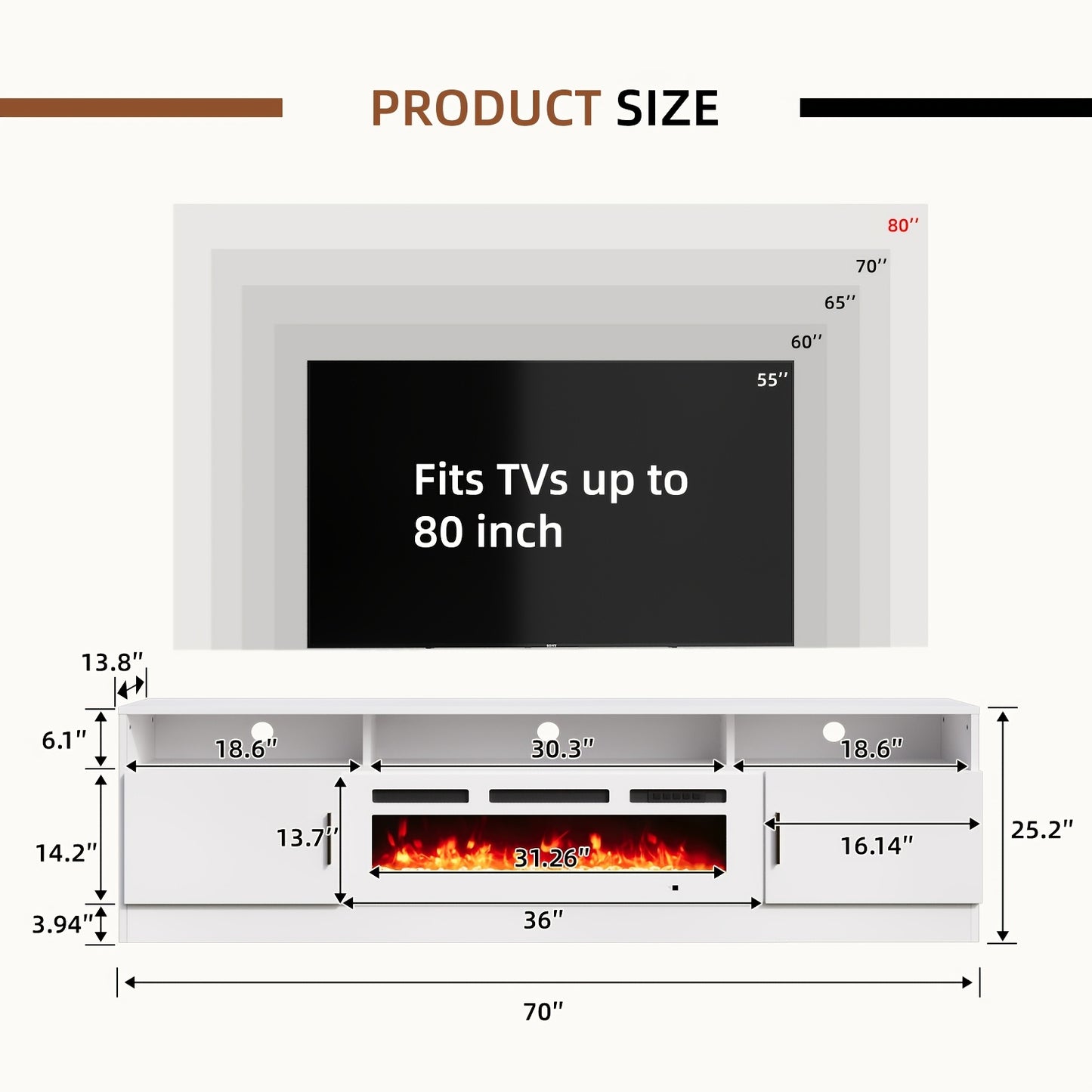 70" White Fireplace TV Stand with 36" Electric Fireplace, LED Lights Entertainment Center, 2-Tier TV Console for TVs Up to 80", White