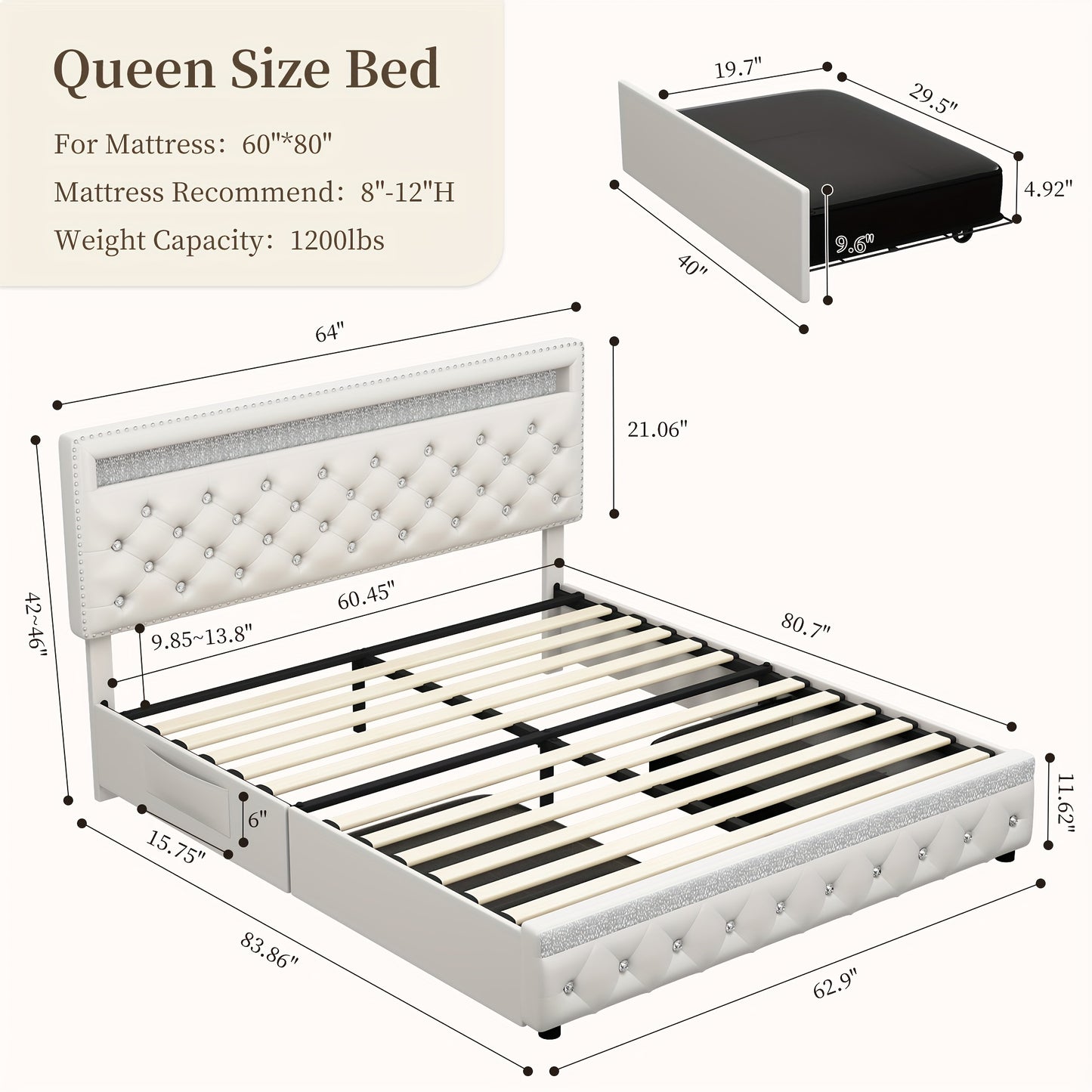 Sibeds Queen Size Bed Frame With LED Lights, Upholstered Bed Frames Full With 2 Storage Drawers, King Size Platform Bed With Adjustable Crystal Button Tufted Headboard, No Box Spring Needed, PU Luxury Beds Girls Men's Bedroom